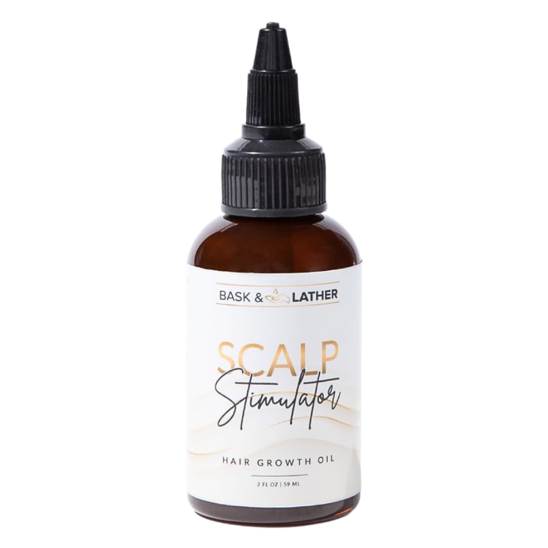Bask & Lather Scalp Stimulator bottle front offers convenient leave-in hair care.