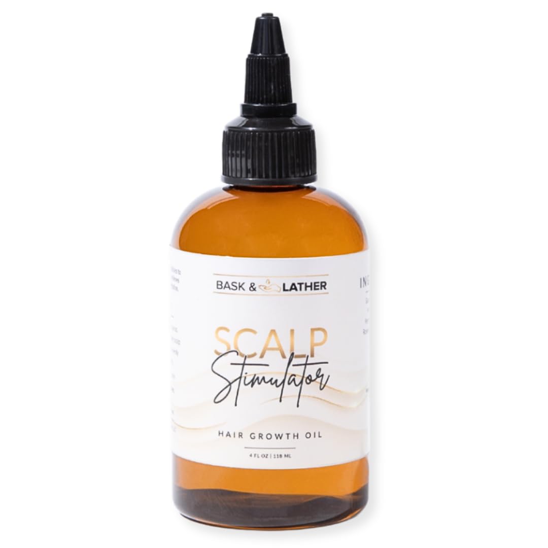 Bask & Lather scalp stimulator bottle pour showing targeted scalp care and fullness possibility.
