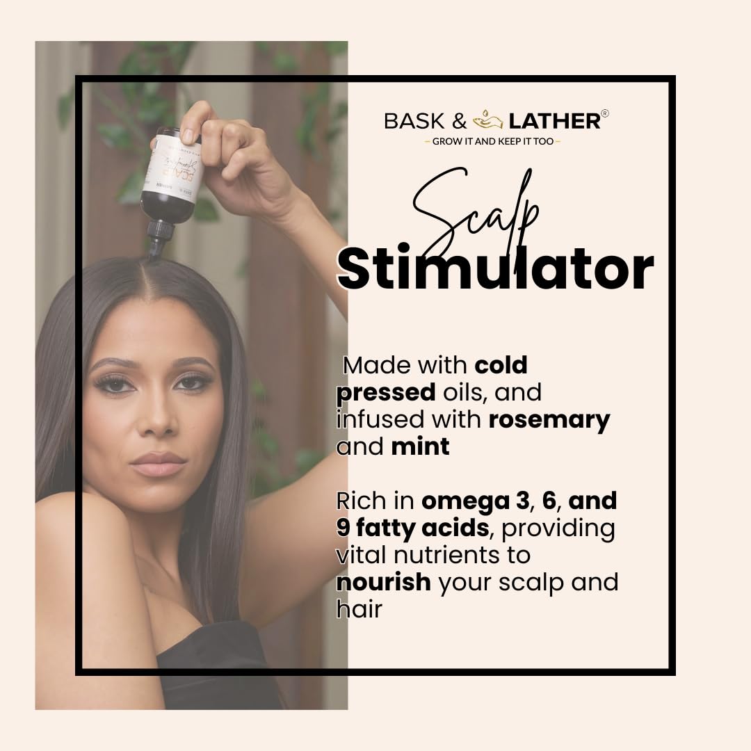 Bask & Lather Scalp Stimulator label closeup highlights mint and rosemary blend.