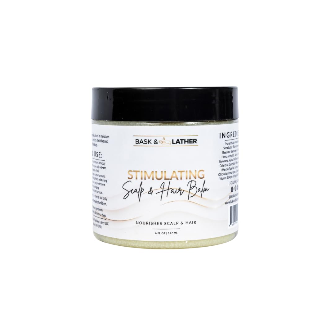 Bask & Lather scalp balm bottle shows mango and peppermint for refreshing moisture.