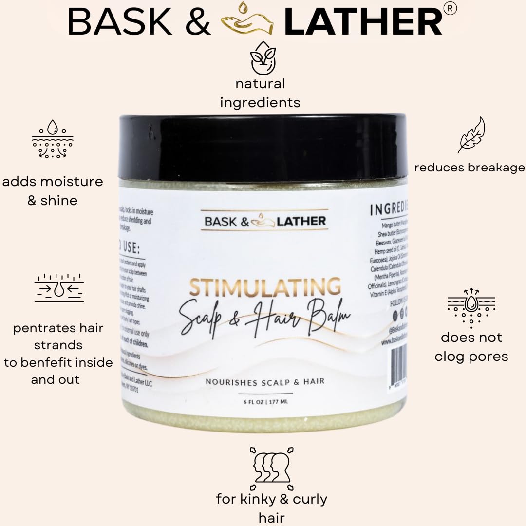 Bask & Lather balm ingredients close-up highlights nourishing oils for healthy roots.