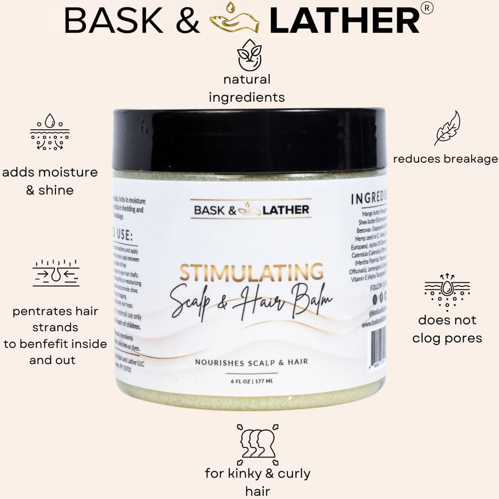 Bask & Lather balm ingredients close-up highlights nourishing oils for healthy roots.