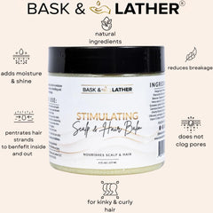 Bask & Lather balm ingredients close-up highlights nourishing oils for healthy roots.