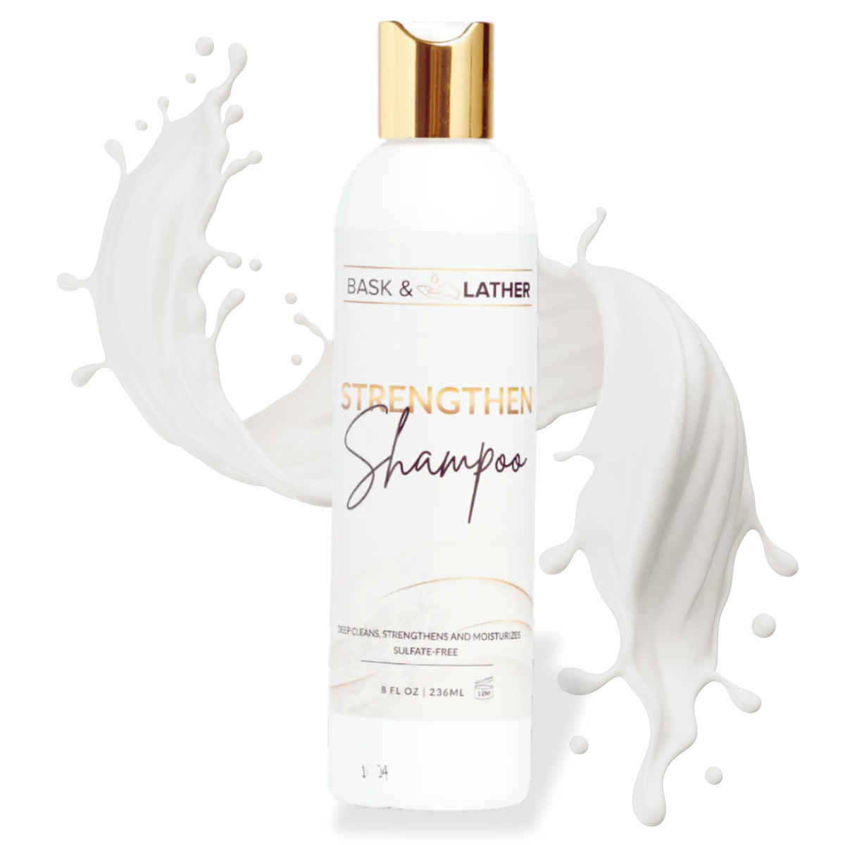 BASK & LATHER Strengthen Shampoo bottle front—natural formula for stronger, healthier hair
