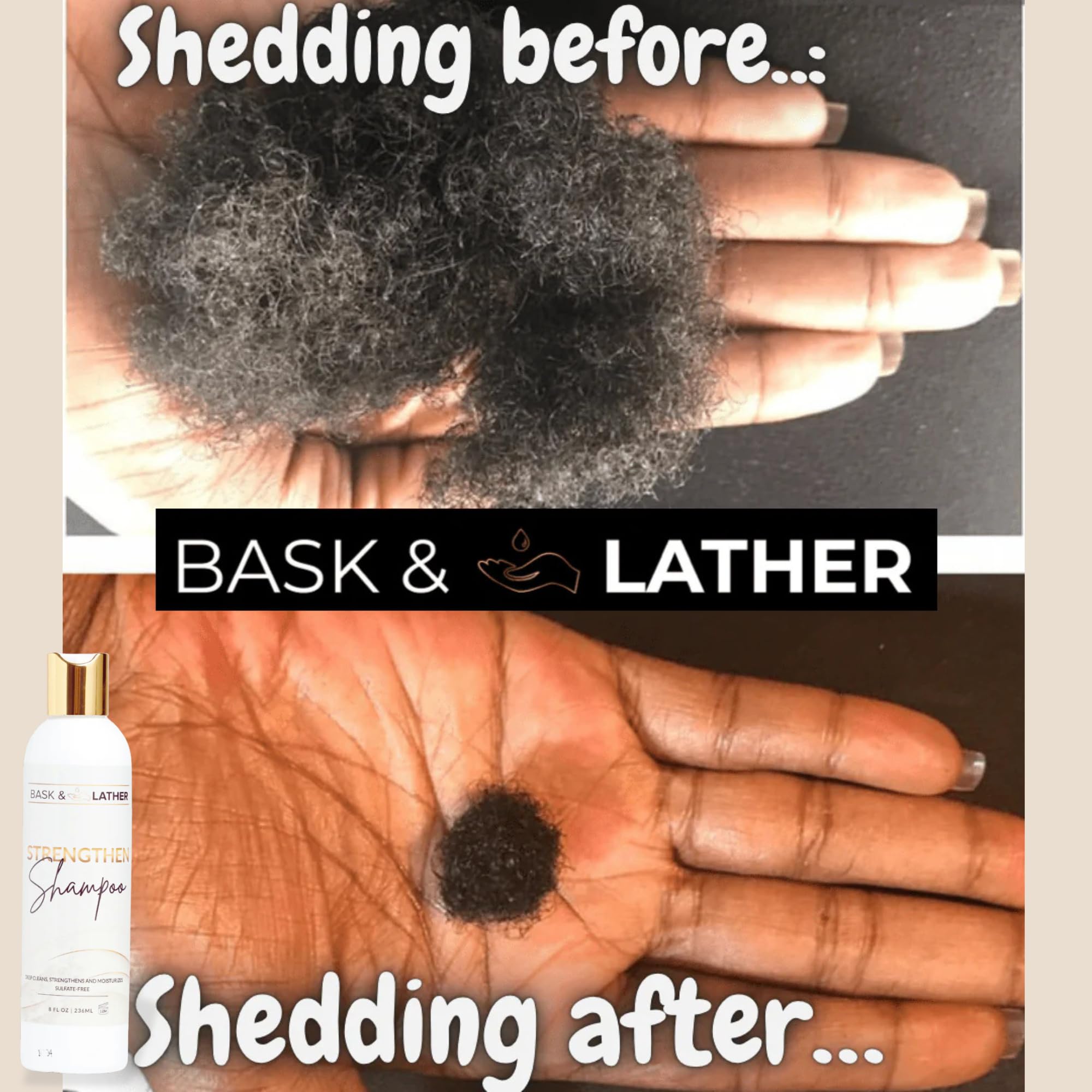 BASK & LATHER Strengthen Shampoo label closeup—highlights pH-balanced, sulfate-free care