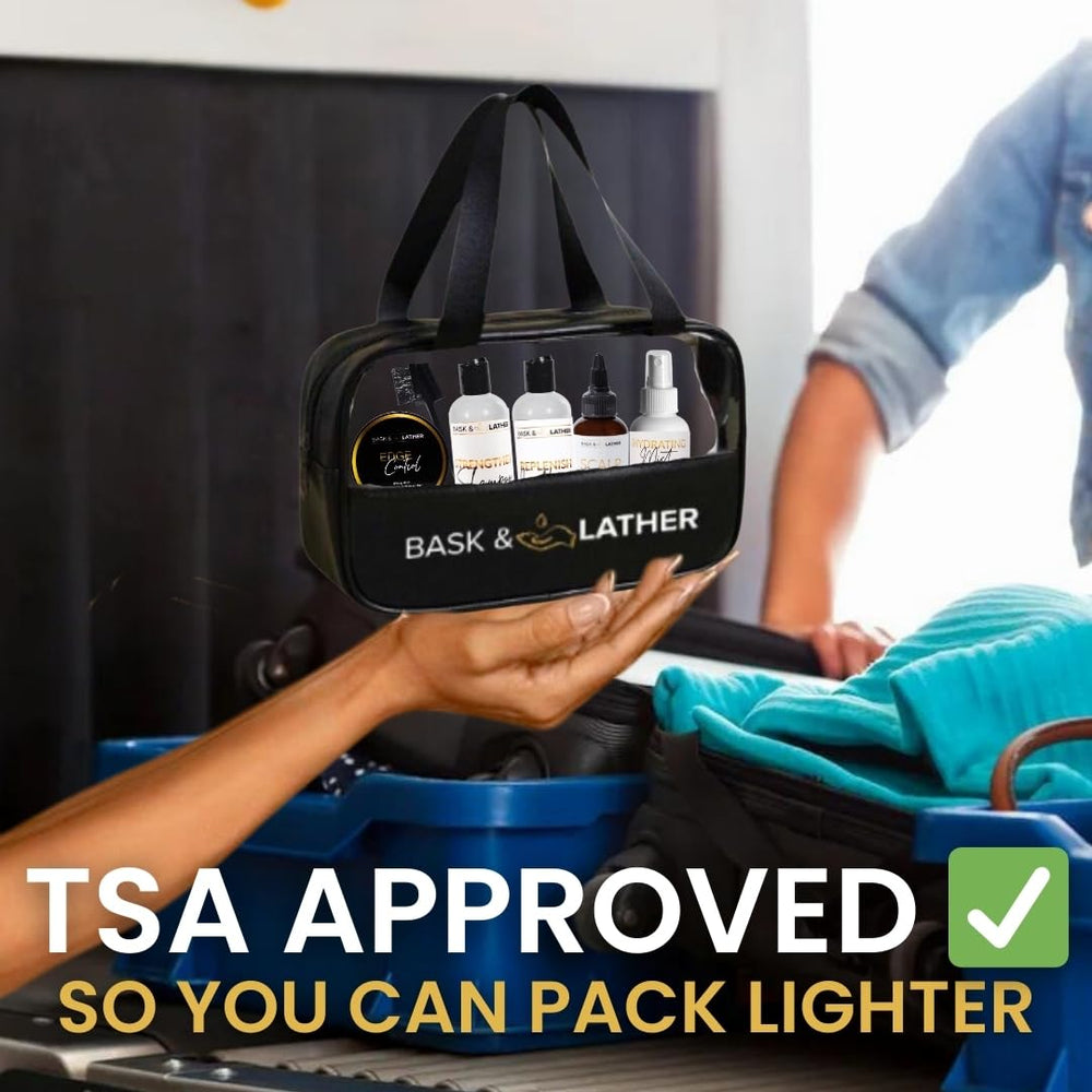 Bask & Lather travel kit edge-control-tube for secure, smooth styling while traveling