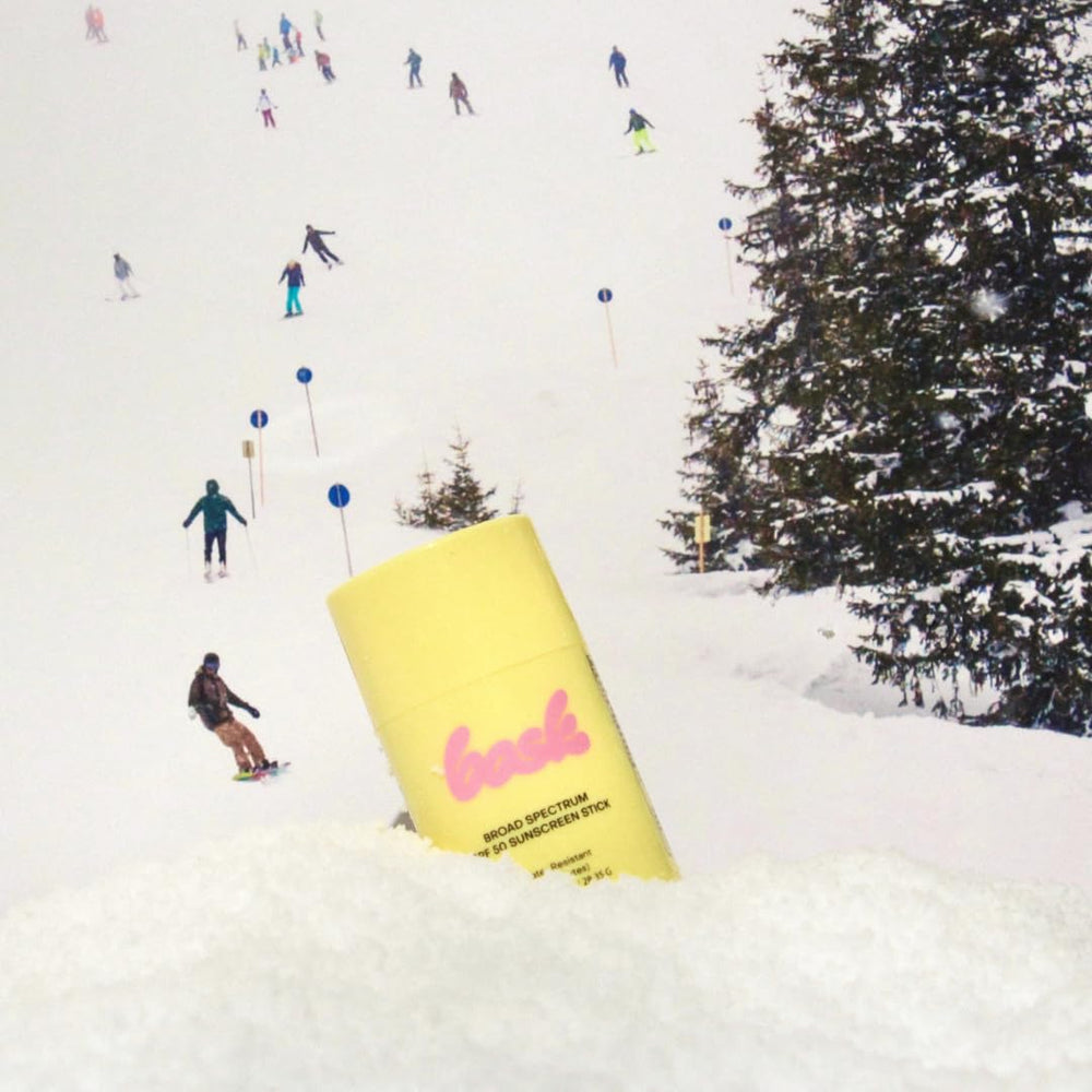 Bask SPF 50 sunscreen stick beeswax barrier supports lasting moisture on exposed skin.