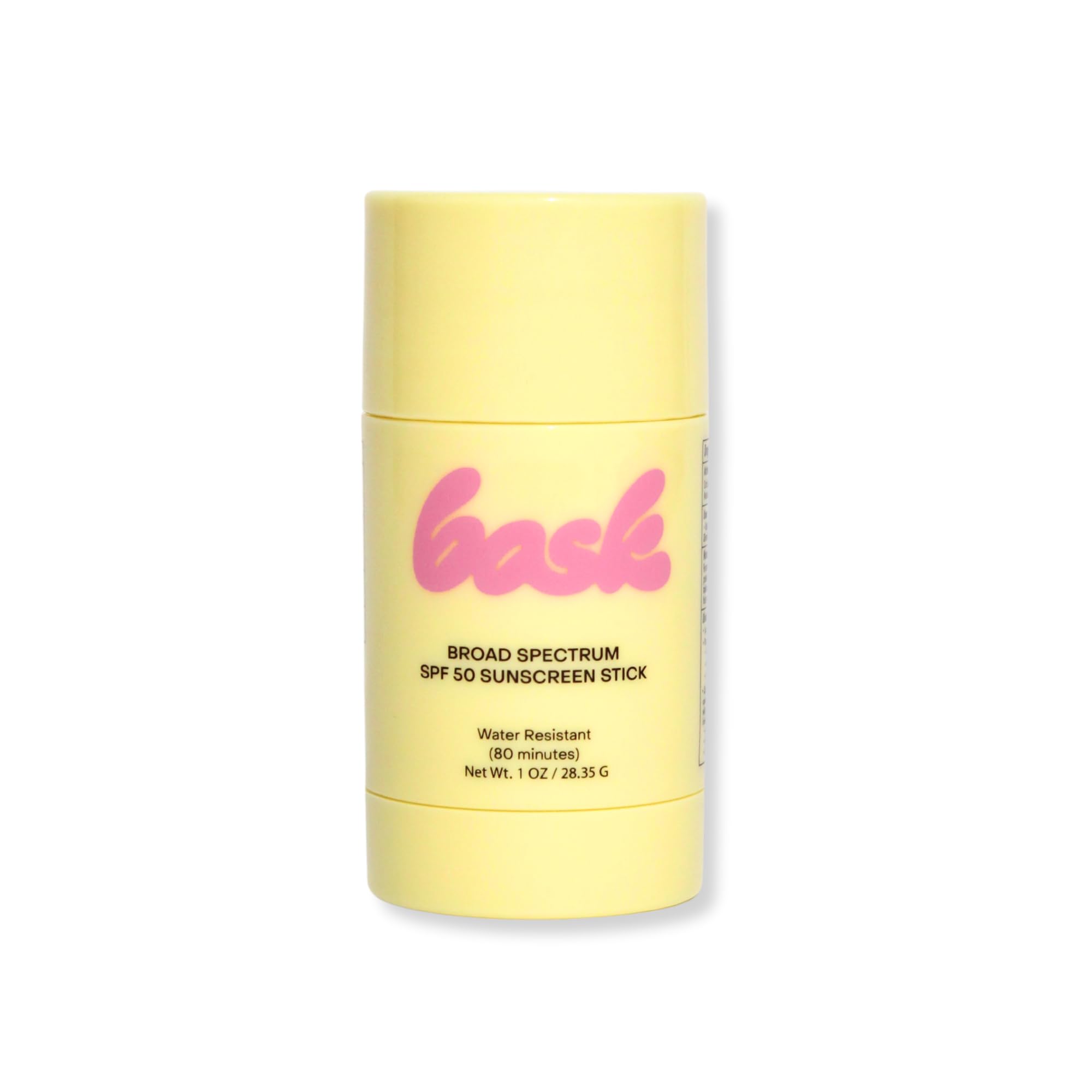 Bask SPF 50 sunscreen stick packaging shown for quick outdoor protection.