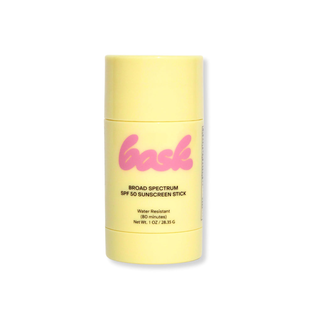 Bask SPF 50 sunscreen stick packaging shown for quick outdoor protection.