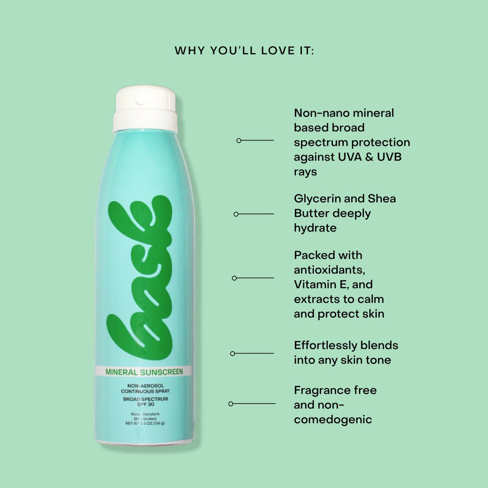 Bask Suncare mineral sunscreen spray packaging demonstrates non-aerosol, easy application