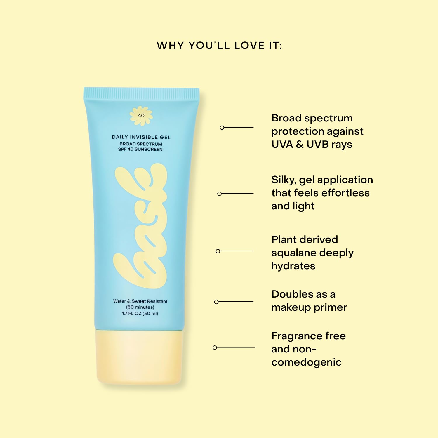 Bask Suncare SPF40 daily gel closeup highlights olive-derived hydration and barrier support.