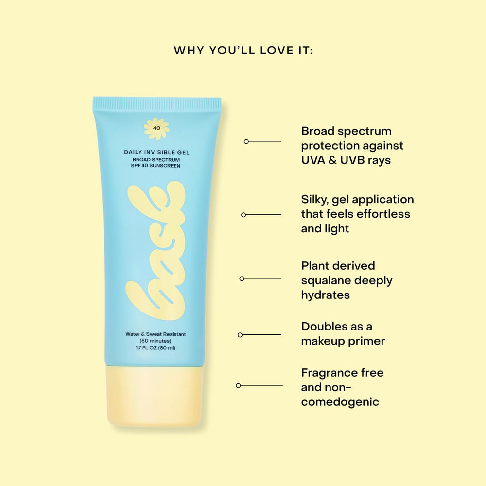 Bask Suncare SPF40 daily gel closeup highlights olive-derived hydration and barrier support.