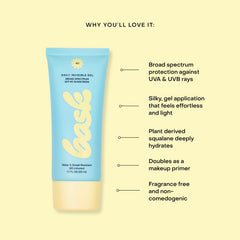 Bask Suncare SPF40 daily gel closeup highlights olive-derived hydration and barrier support.