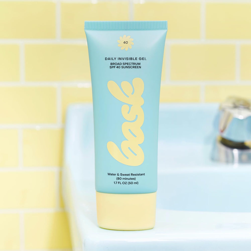 Bask Suncare SPF40 daily gel on face doubles as makeup primer and sunscreen.