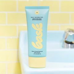 Bask Suncare SPF40 daily gel on face doubles as makeup primer and sunscreen.