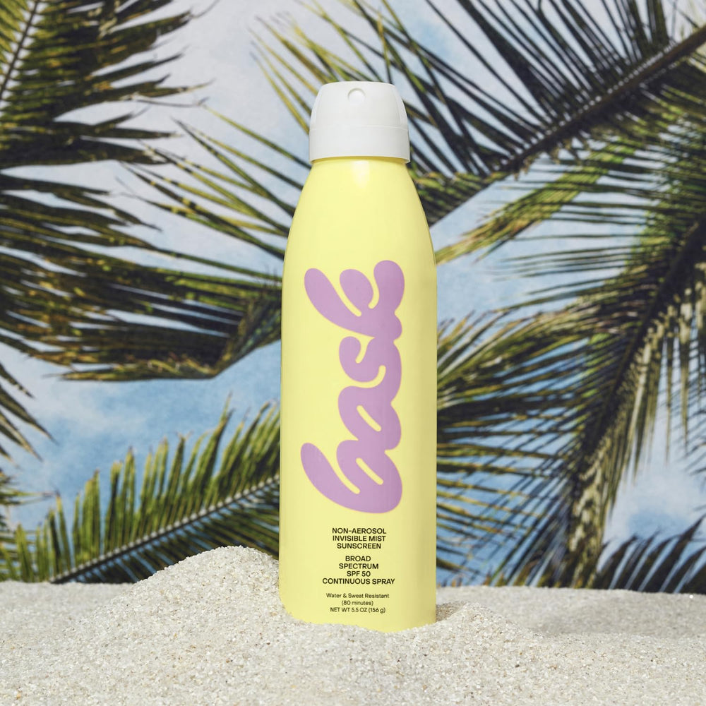 Bask Suncare SPF 50 spray demonstrates 360 degree application.