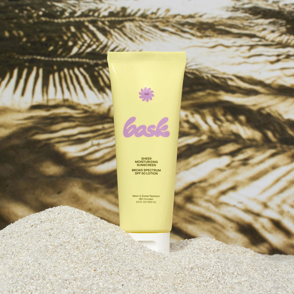Bask Suncare SPF 50 lotion dispense shows quick, lightweight application.
