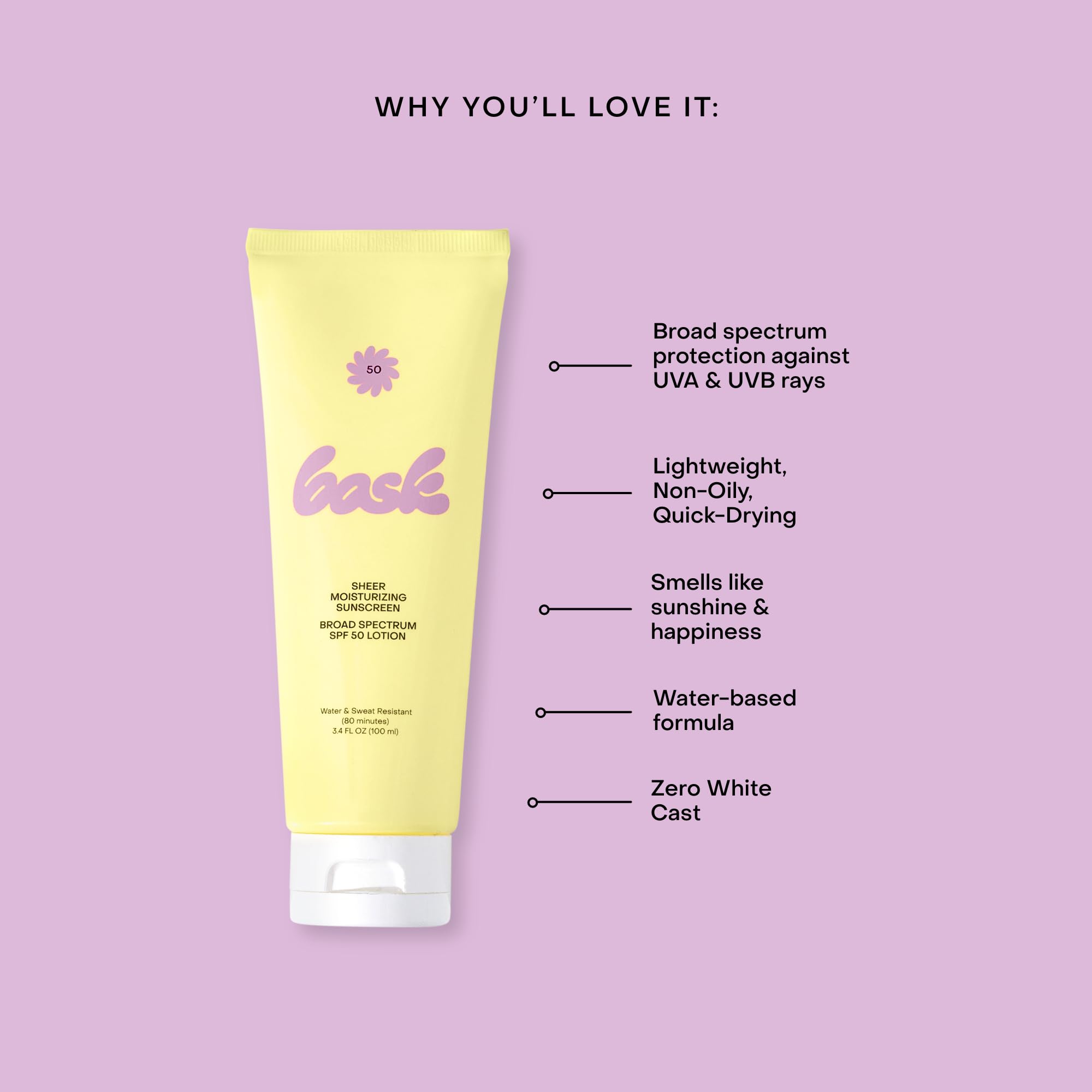 Bask Suncare SPF 50 lotion water-resistant for active days.