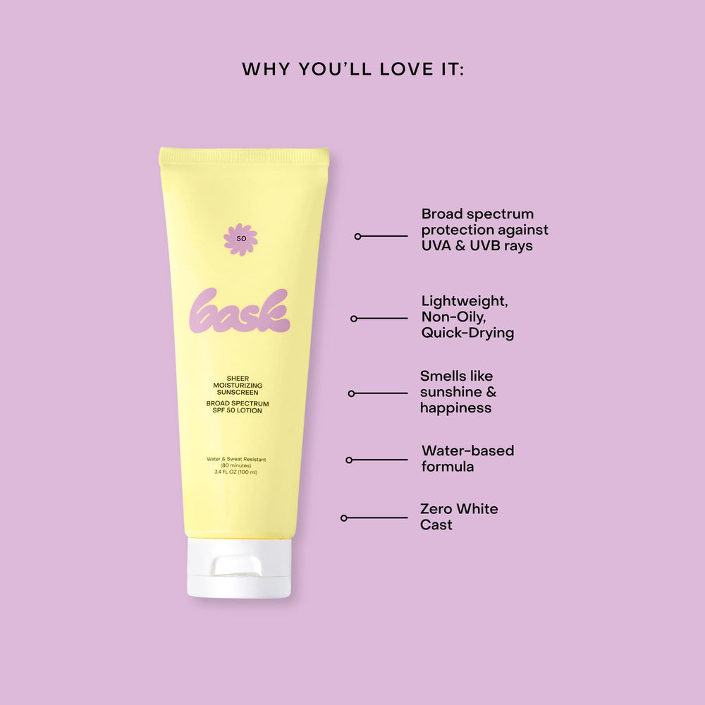 Bask Suncare SPF 50 lotion water-resistant for active days.