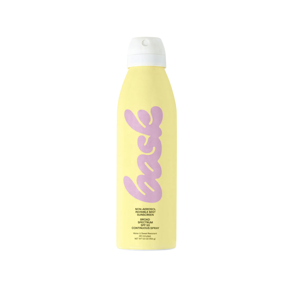 Bask Suncare SPF 50 sunscreen bottle shows lightweight moisturizing protection.