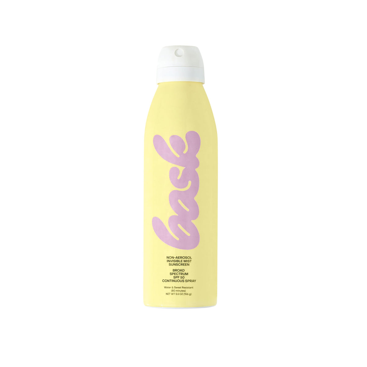 Bask Suncare SPF 50 sunscreen bottle shows lightweight moisturizing protection.