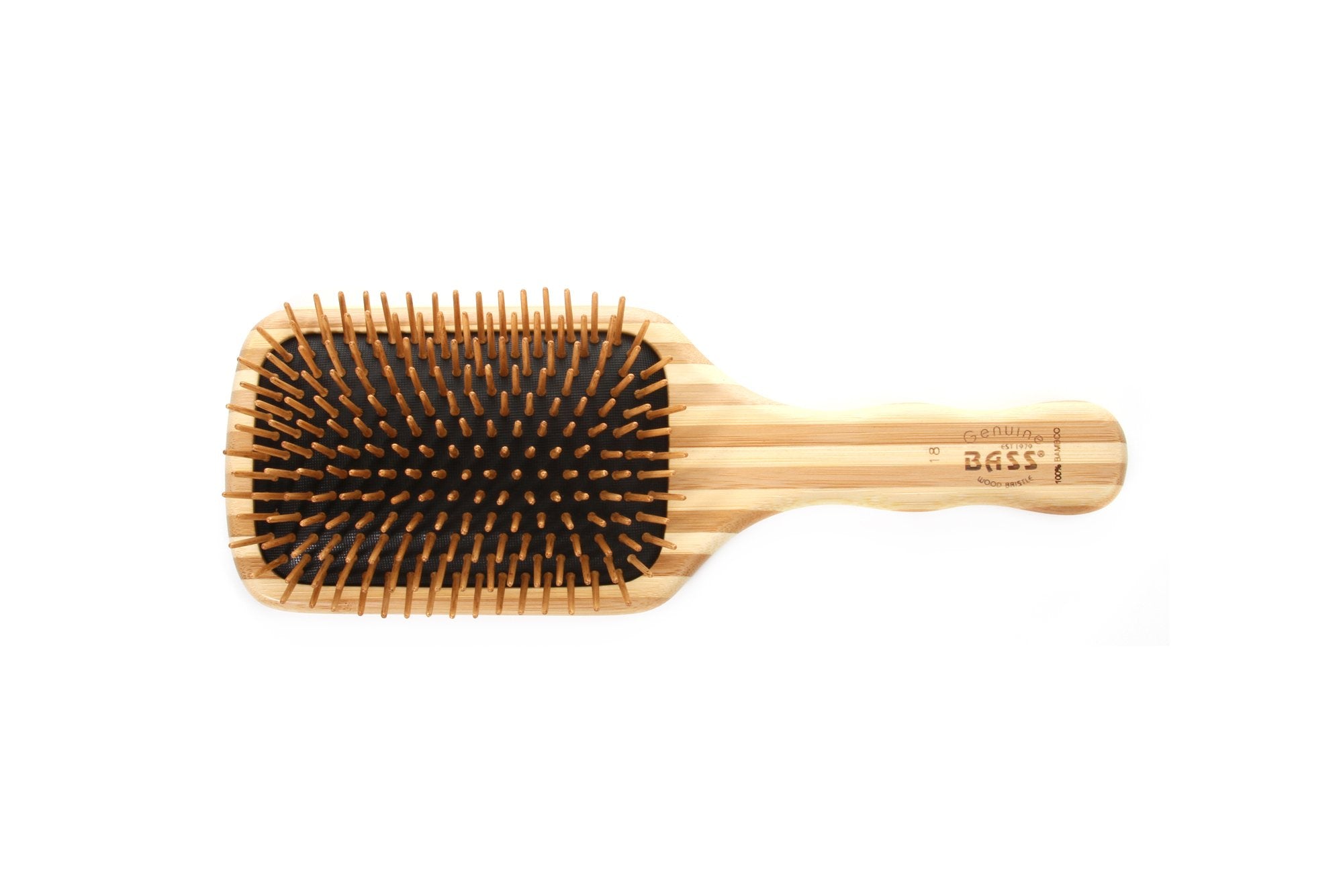 Bass The Green Brush side view highlights the large paddle for comfortable brushing and even oil distribution.