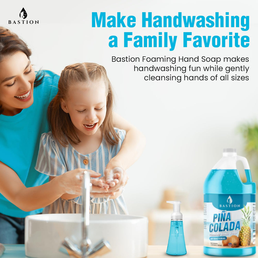 Bastion Family-safe hand soap emphasizes paraben-free and gentle formula.