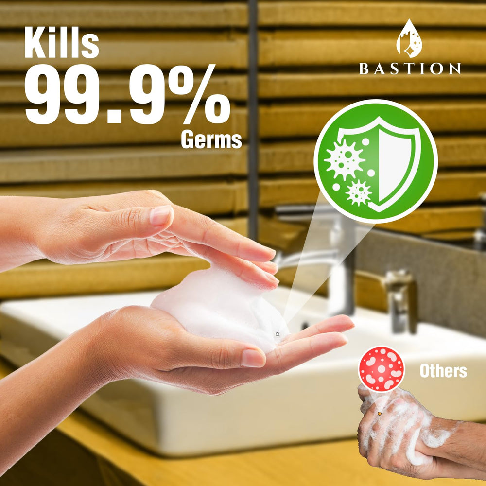 Bastion soap bottle shows paraben and phthalate-free formula for safe use.