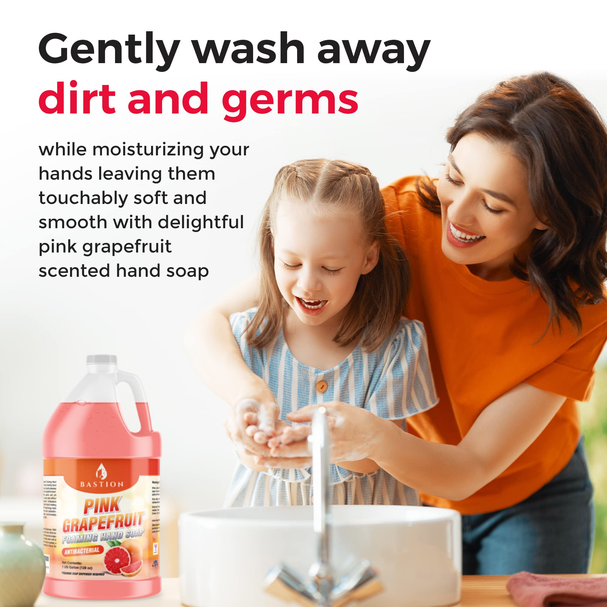 Bastion pink grapefruit foaming hand soap dispenser ready for easy, mess-free refills.
