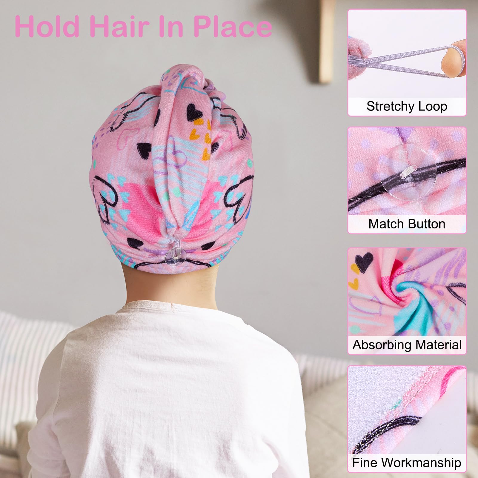 Basumee microfiber hair towel wrap button closeup blue secure fit