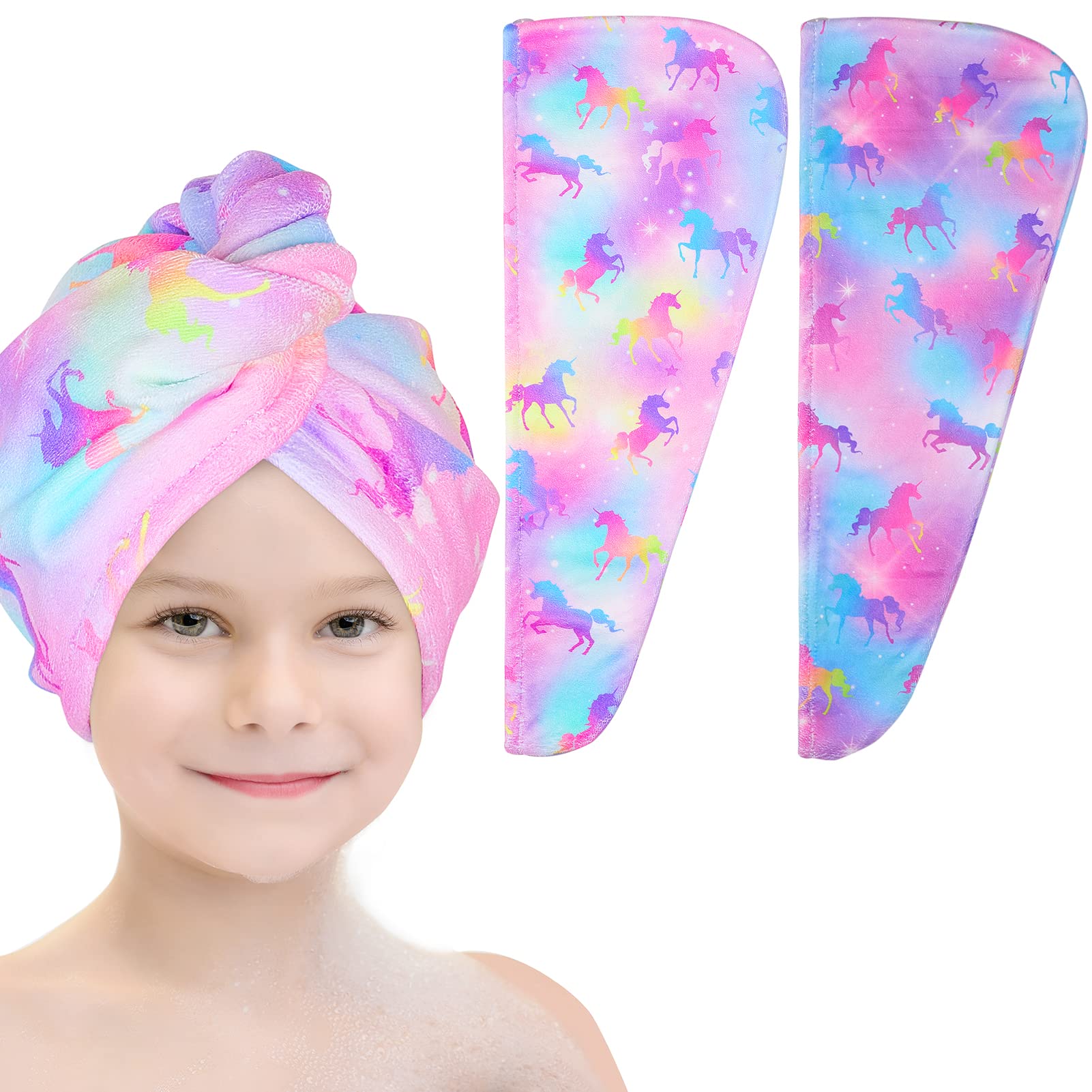 Basumee microfiber hair towel wrap with unicorn pattern for quick gentle drying.