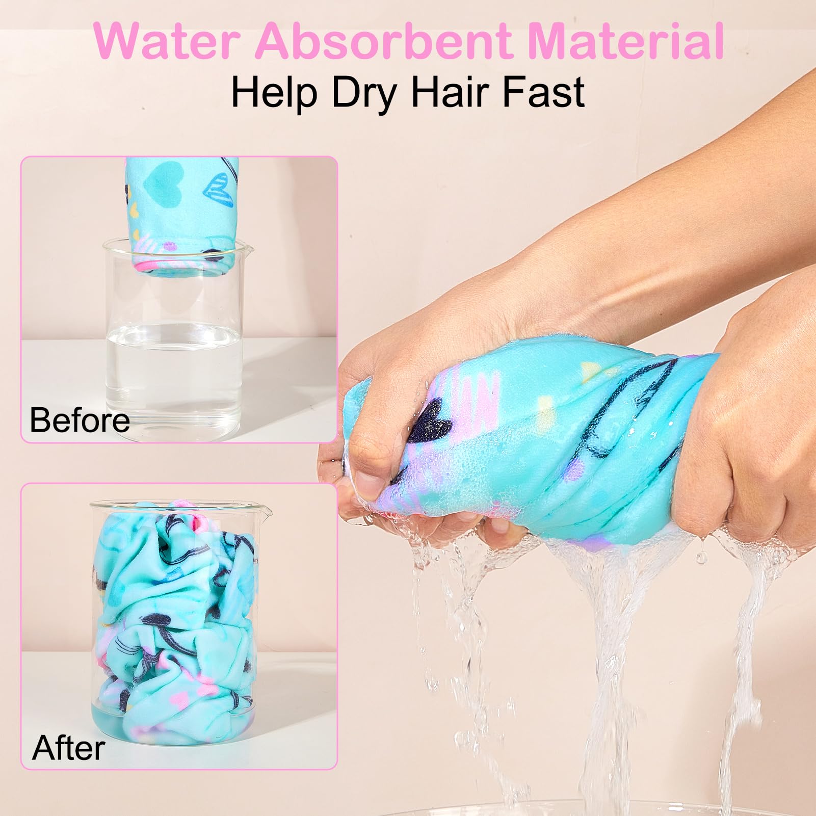 Basumee microfiber hair towel wrap love pattern blue soft, absorbent, easy wear