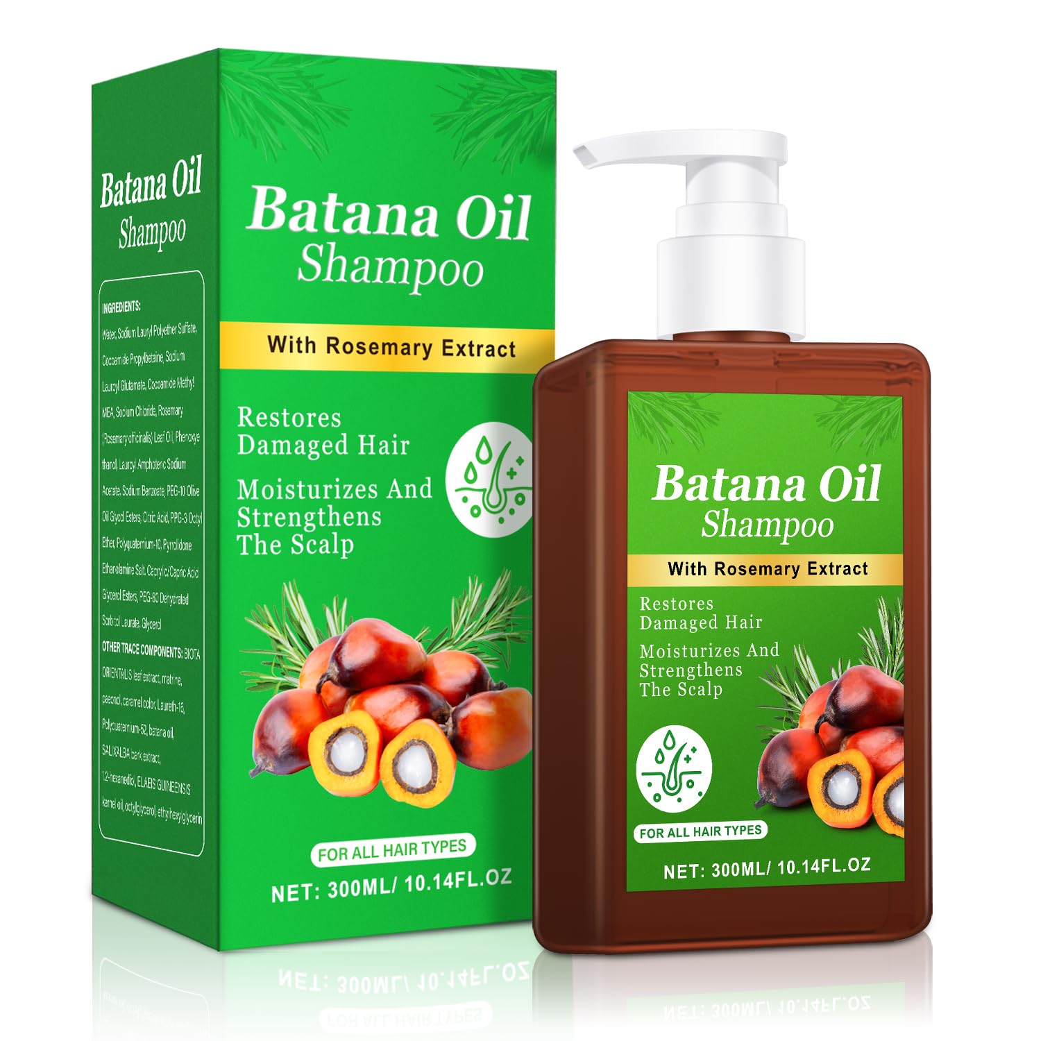 Batana Oil Shampoo bottle highlights hair growth potential with rosemary infusion for thicker-looking strands.