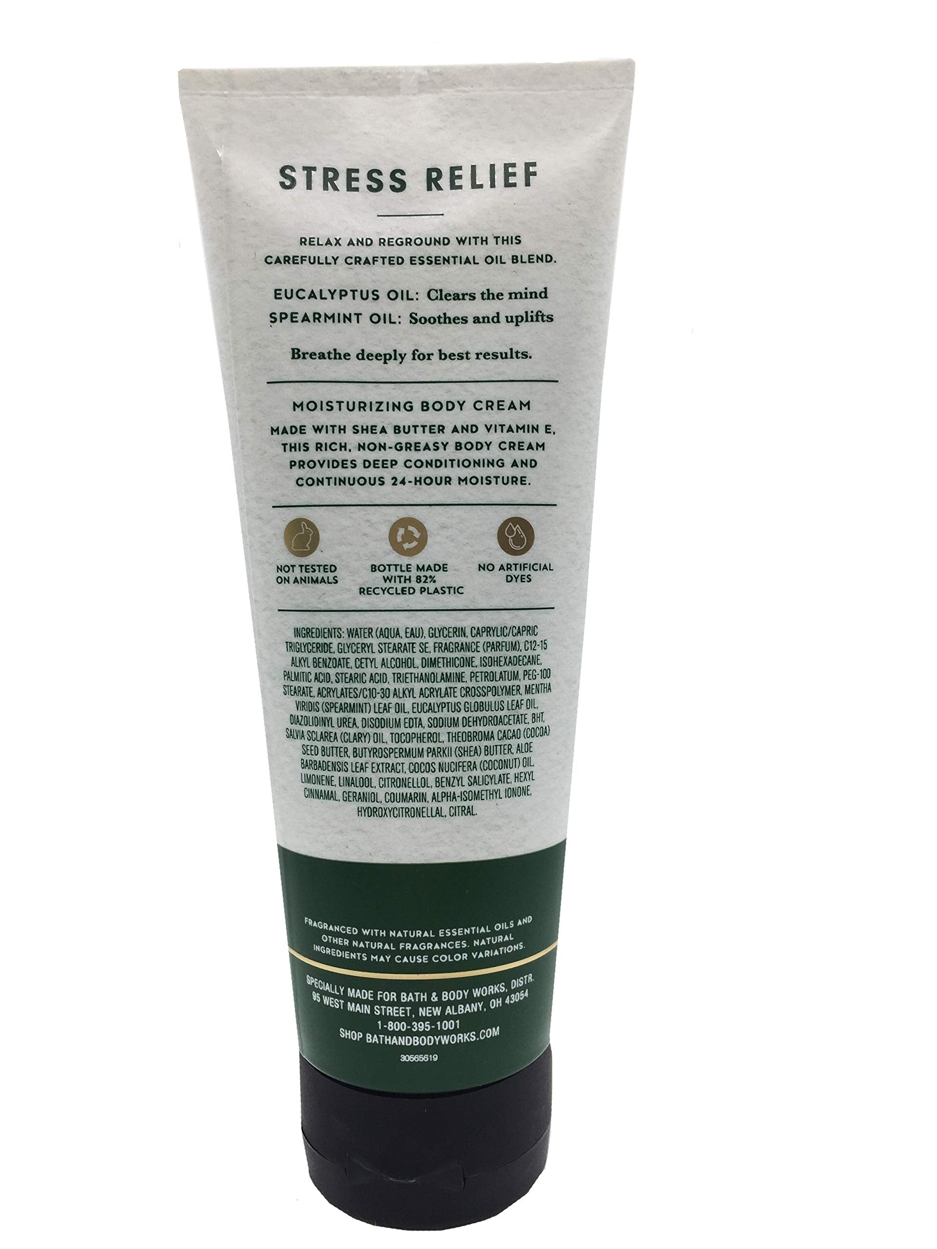 Bath & Body Works Aromatherapy Stress Relief cream texture closeup highlights eucalyptus-spearmint scent mood support.