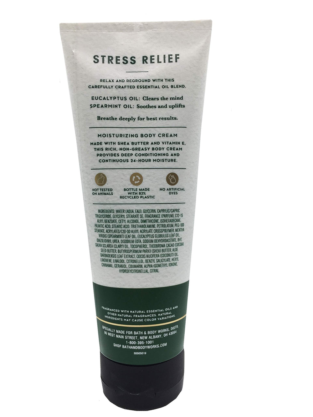 Bath & Body Works Aromatherapy Stress Relief cream texture closeup highlights eucalyptus-spearmint scent mood support.