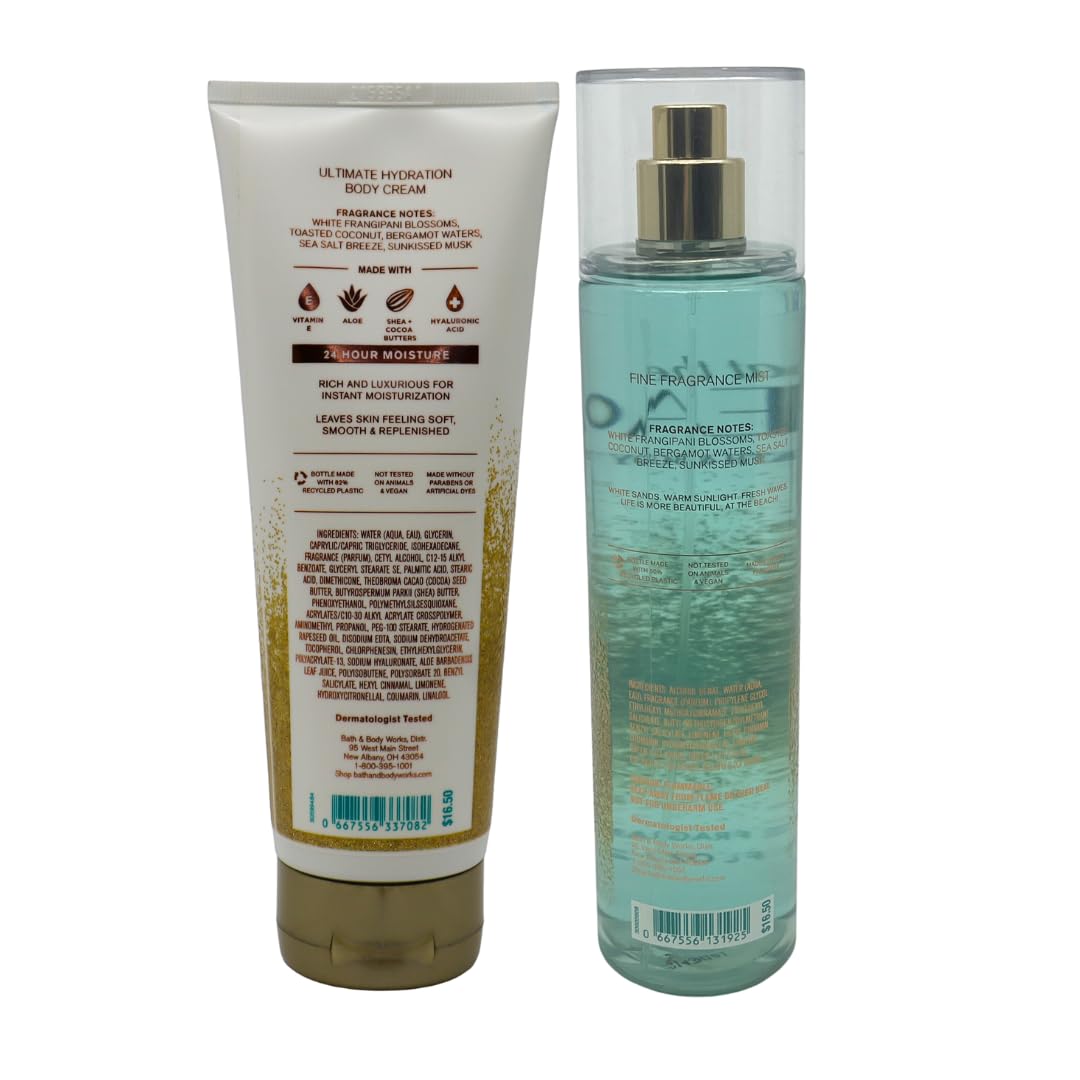 Fragrance notes display shows white frangipani and toasted coconut for beach vibes