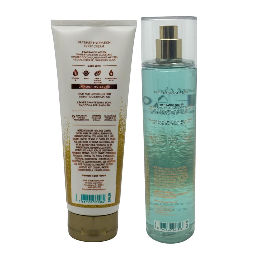 Fragrance notes display shows white frangipani and toasted coconut for beach vibes