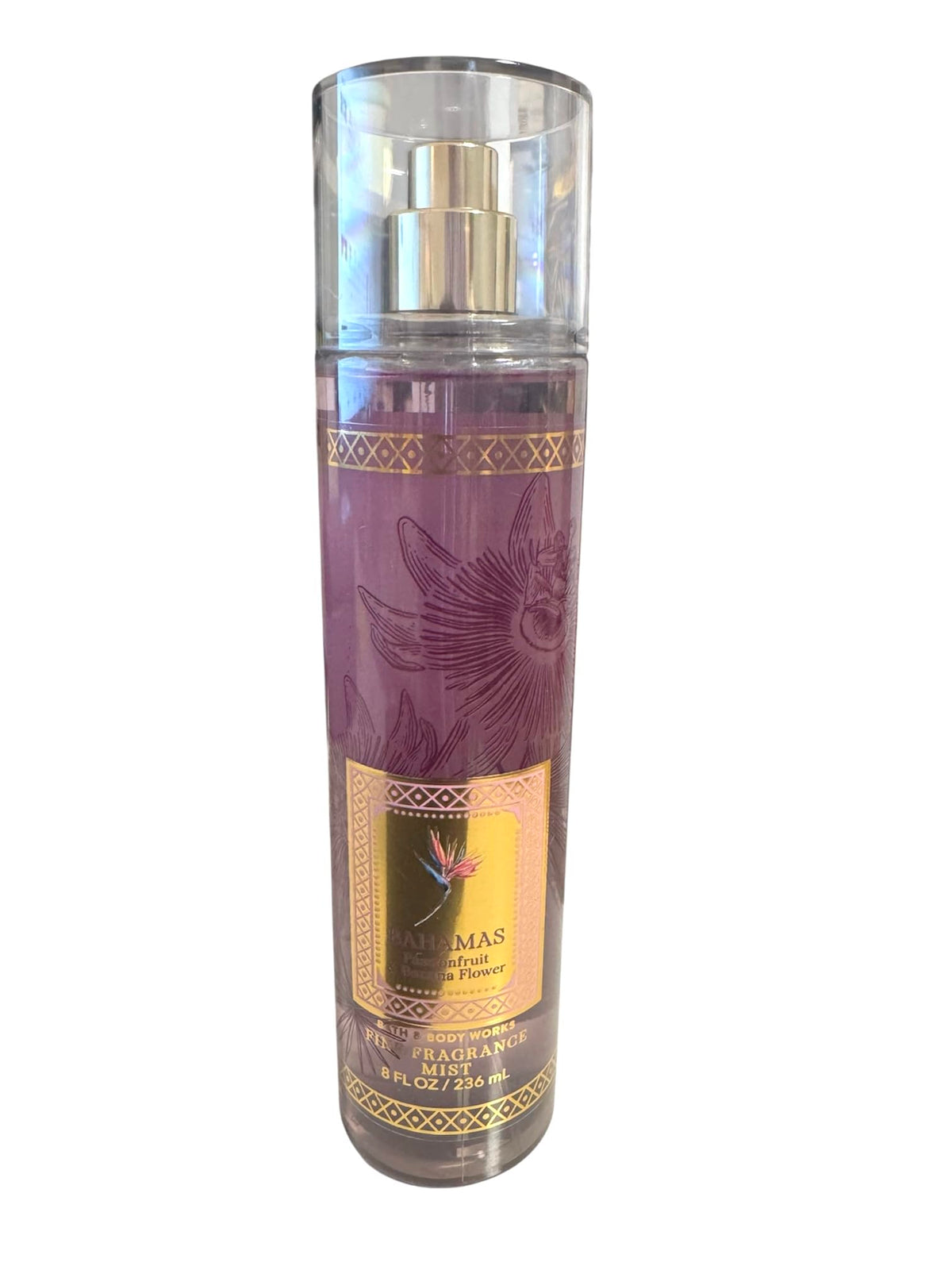 Bath & Body Works Bahamas Passionfruit Banana Flower bottle shows light fragrance and aloe nourishment