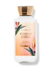 Bath & Body Works Bahamas Passionfruit and Banana Flower lotion bottle closeup for smooth hydrated skin.