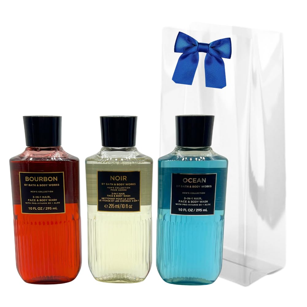 Bath & Body Works Bourbon 3-in-1 wash bottle displays bold fragrance for hair, face, and body.