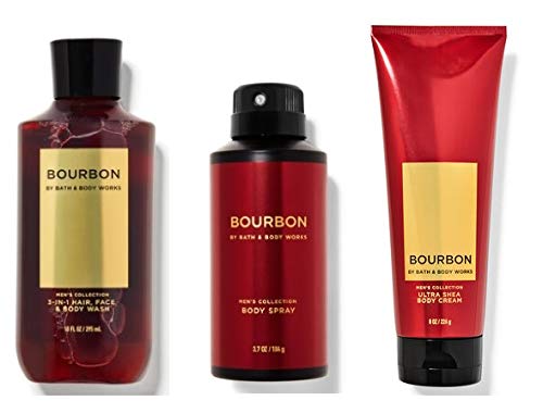 Bath & Body Works Bourbon bottle shot emphasizing versatile use morning and night.