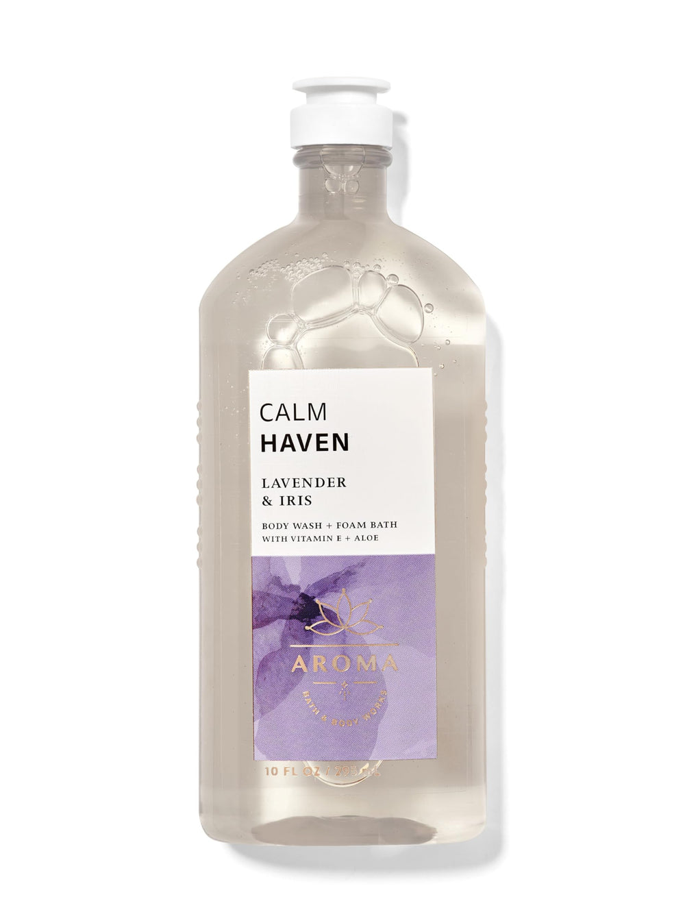 Bath & Body Works Calm Haven Lavender Iris bottle pour for a refreshing shower ritual
