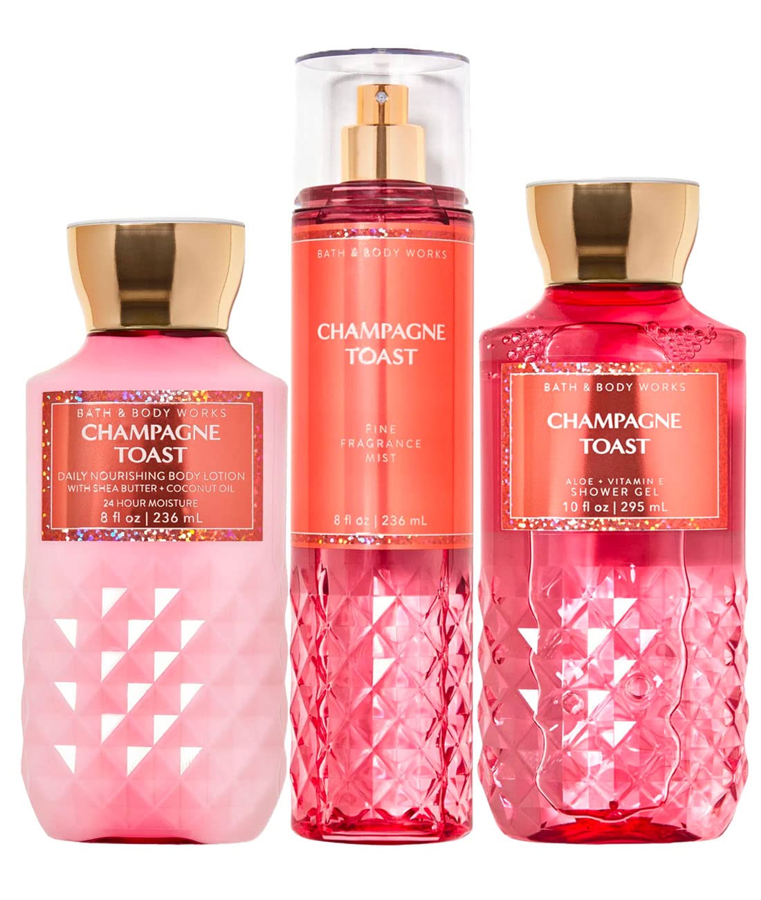 Bath & Body Works Champagne Toast Daily Trio product shot with shower gel, mist, and lotion for fragrance.
