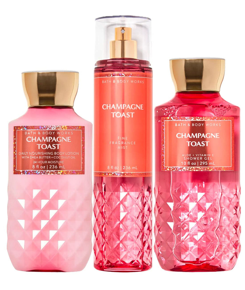 Bath & Body Works Champagne Toast Daily Trio product shot with shower gel, mist, and lotion for fragrance.