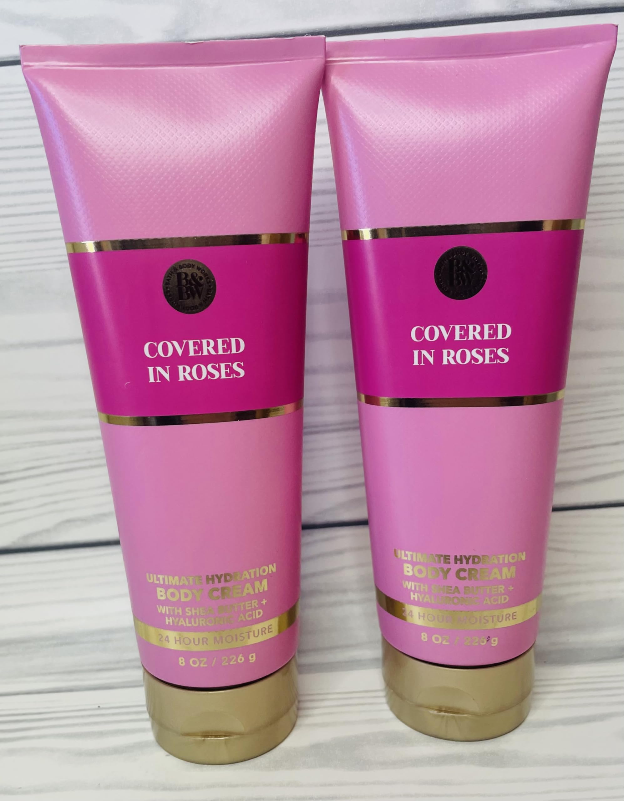 Bath & Body Works Covered in Roses eight-ounce cream pack-of-two label view showcasing value and savings