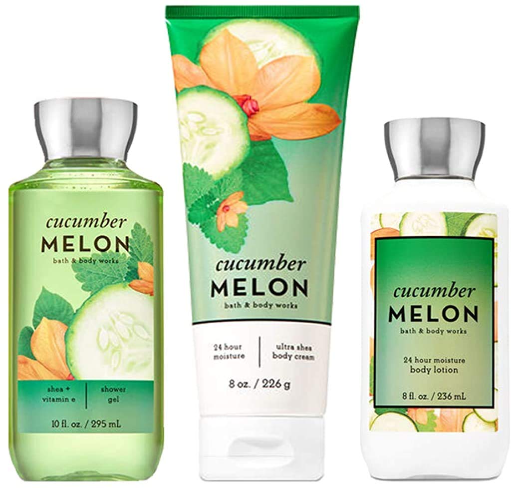 Bath and Body Works Cucumber Melon gift set—body cream, shower gel, and lotion for daily hydration.