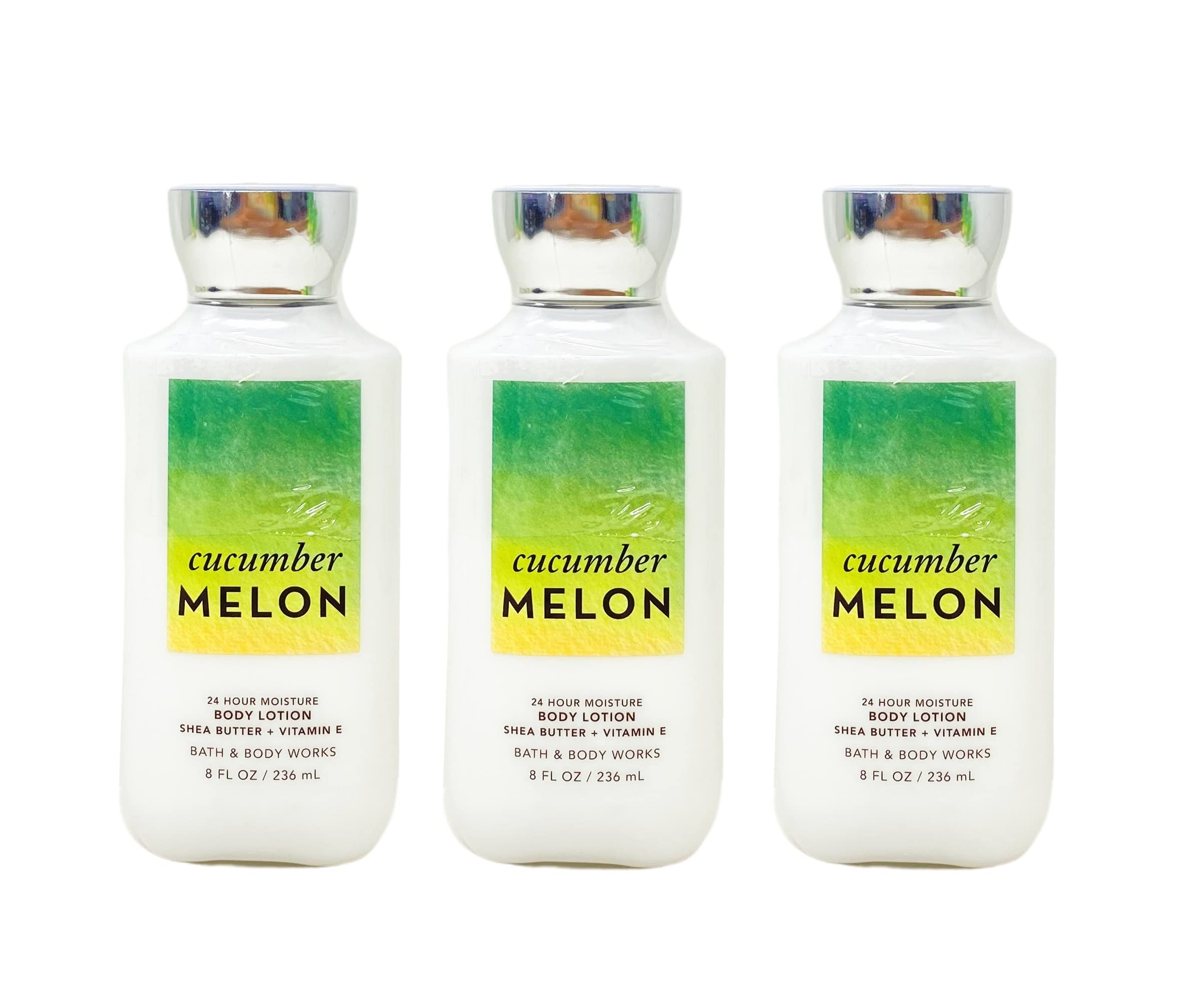 Bath & Body Works cucumber melon lotion set packaging with bright tubes shows daily hydration potential