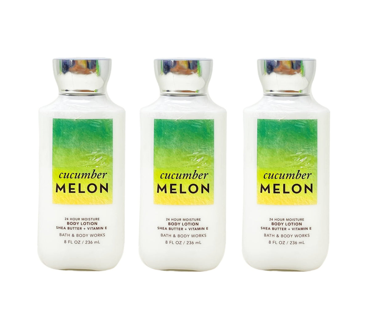 Bath & Body Works cucumber melon lotion set packaging with bright tubes shows daily hydration potential