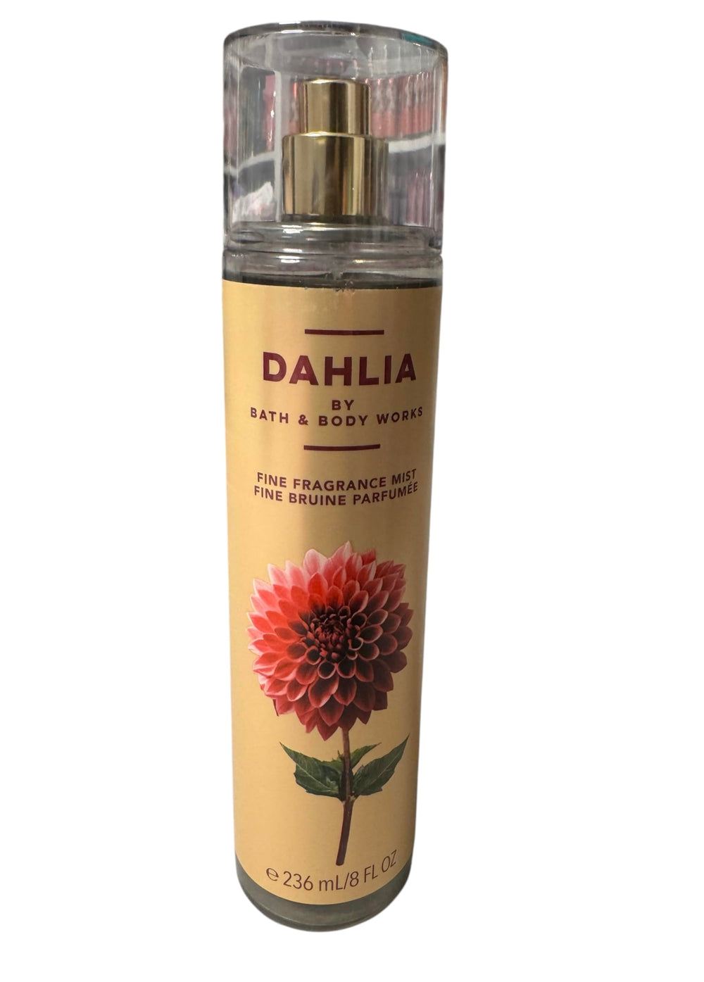 Bath & Body Works Dahlia spray in use for a light scent boost.