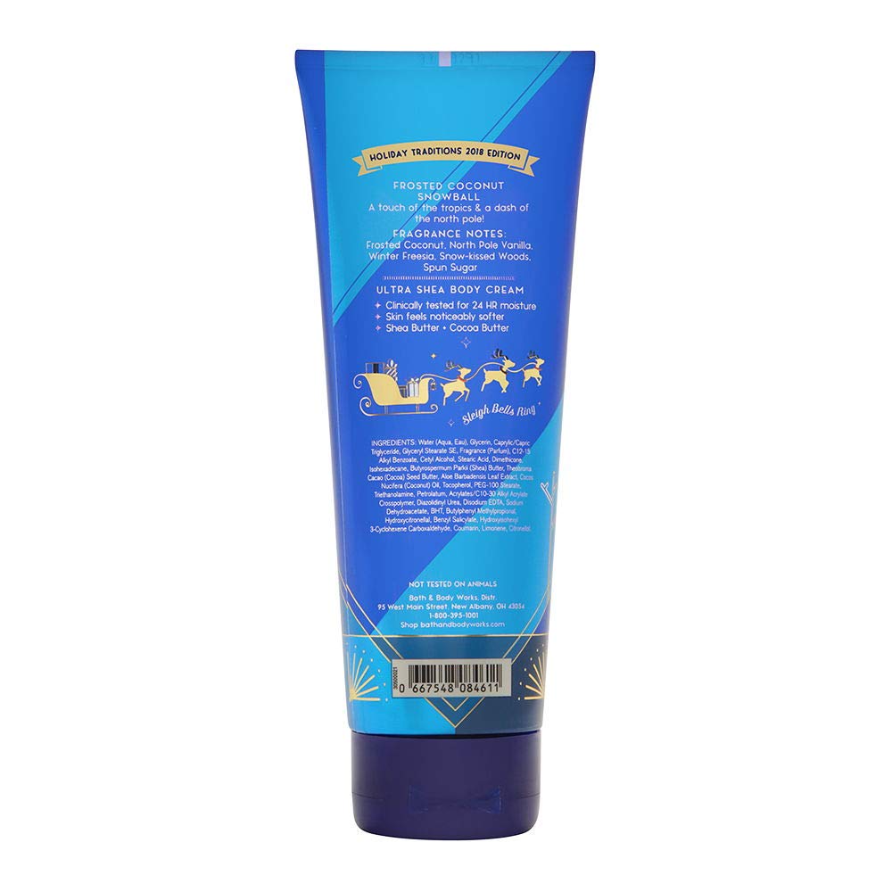 Bath & Body Works Frosted Coconut Snowball Cream label-shot highlights nourishing formula for soft hydrated skin